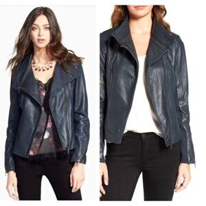 SAM EDELMAN Womans S Teal Blue 100% Lamb Leather Moto Jacket $575 Zipper Coat